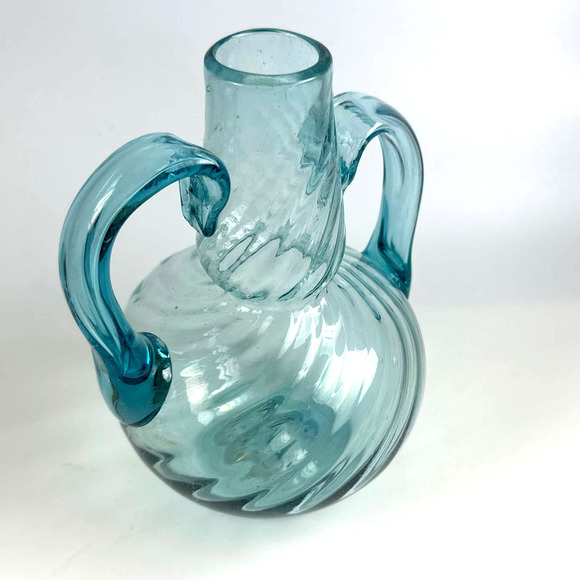 Vintage Hand Blown Avalos Tornillo Mexico Blue Glass Decanter Pitcher W/ Handles - Picture 5 of 11